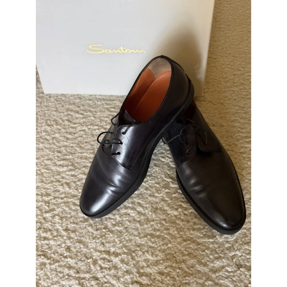 Santoni Black Leather Derby Lace Up Dress Shoes‎ Men's Size 7.5 Almond Toe